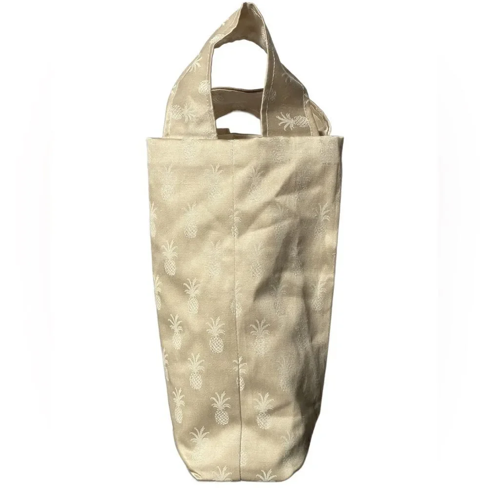 Handmade Cream Colored Cloth Wine Bottle Gift Bag w/Pineapple Designs